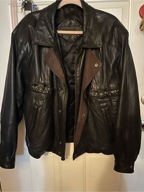 Men's Black Leather Bomber Jacket by Mirage, Large